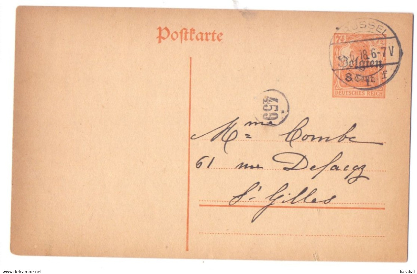 Belgique Occupation Entier 10 8 Cent Brüssel Boîte 459 St Gilles 1918 - German Occupation