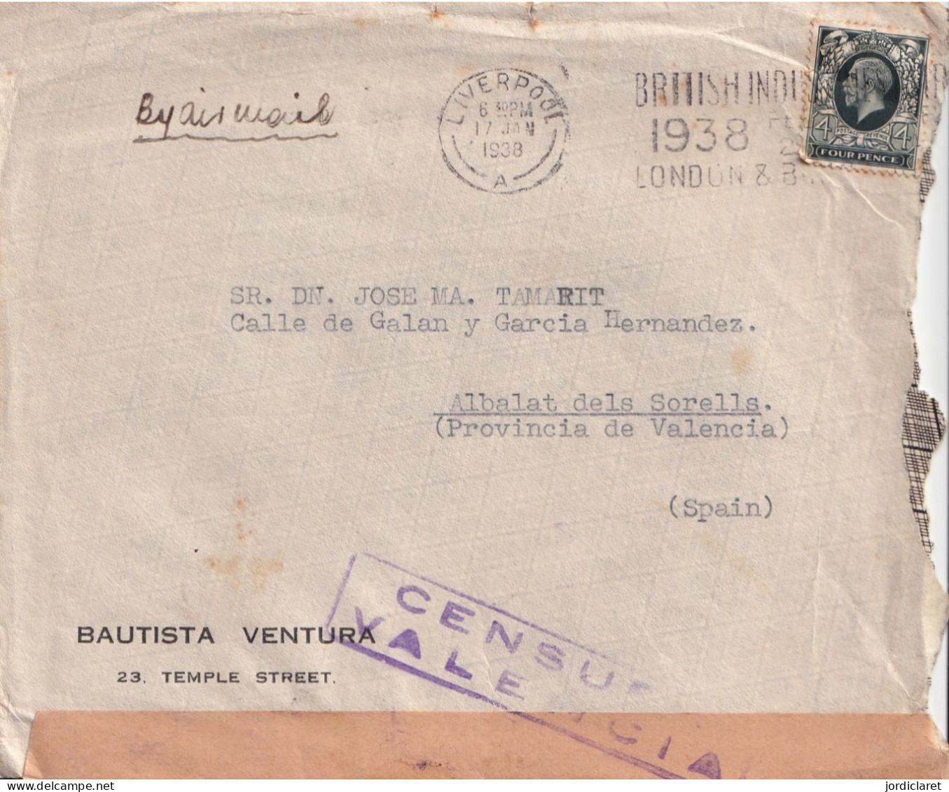 LETTER  1938  LIVER`POOL  CENSURA  VALENCIA  ESPAÑA - Cartas & Documentos