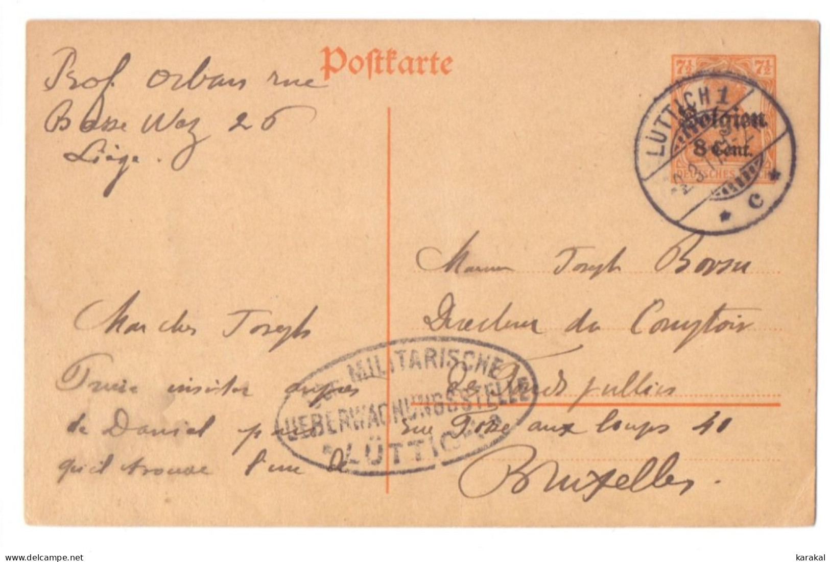 Belgique Occupation Entier 10 8 Cent Professeur Oscar Orban ULiège Censure Militärische Lüttich à Bruxelles 1917 - Deutsche Besatzung