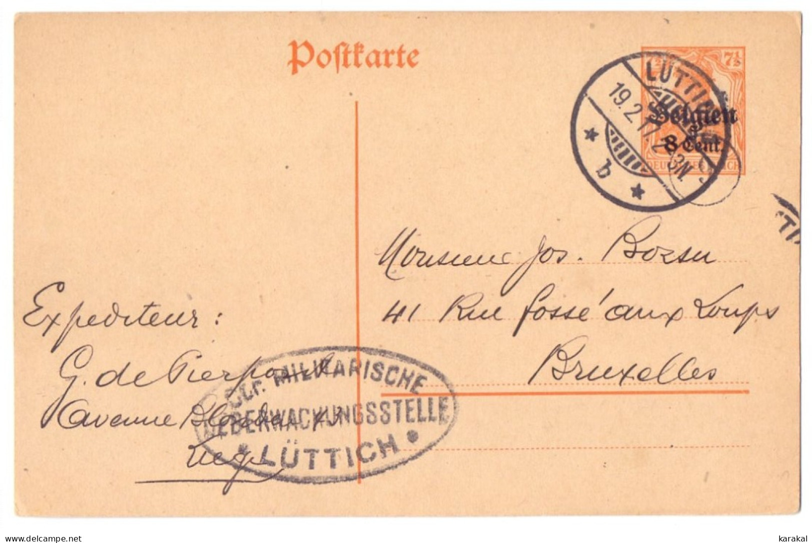 Belgique Occupation Entier 10 8 Cent Censure Militärische Lüttich à Bruxelles 1917 - Deutsche Besatzung