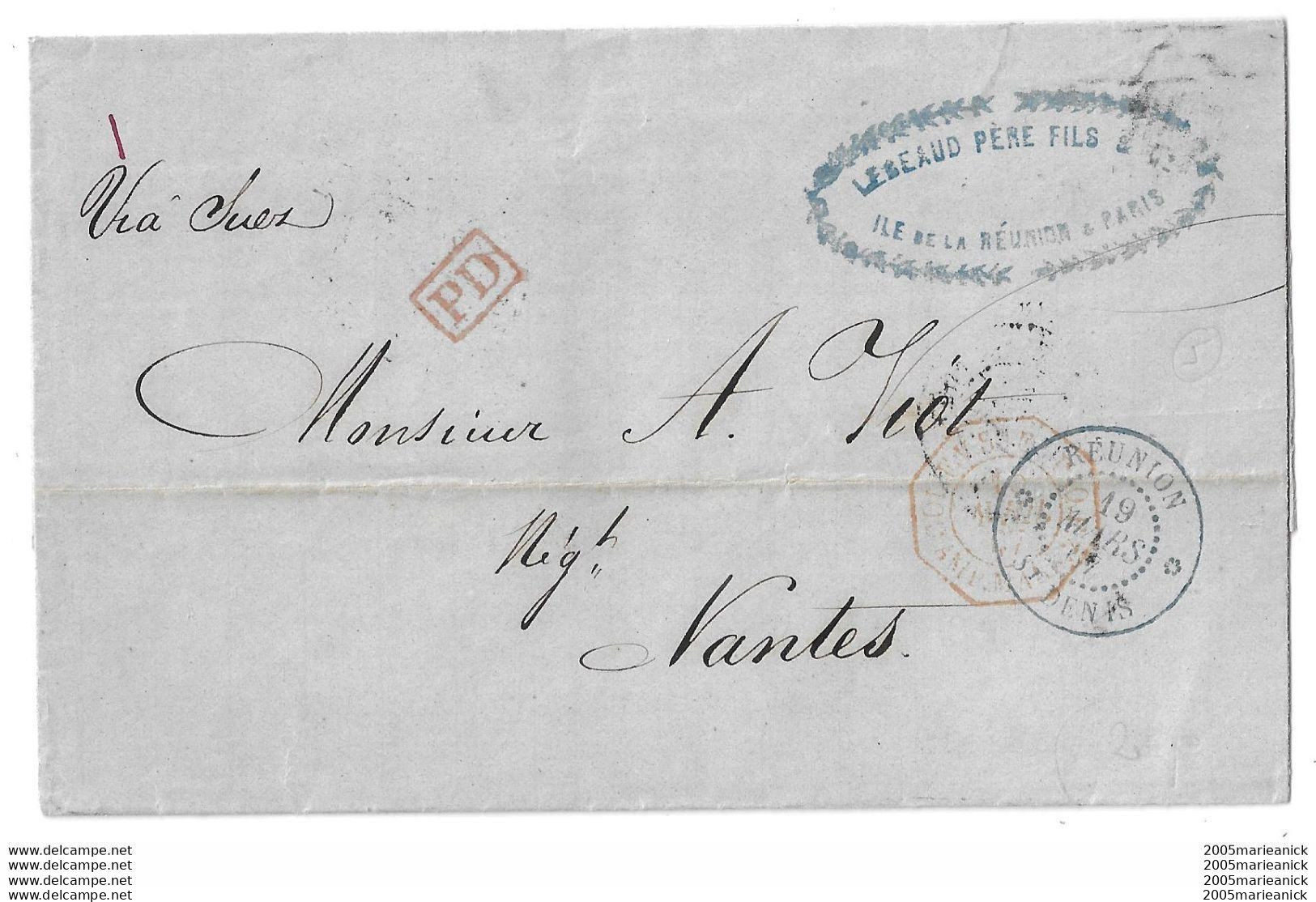 Lettre ST-DENIS REUNION 19 MARS 1867 Pour Nantes Via Suez COL.F.V.SUEZ PAQ.F/AMB.MAR 15 AVRIL 67+ Arrivée Au Verso - Storia Postale