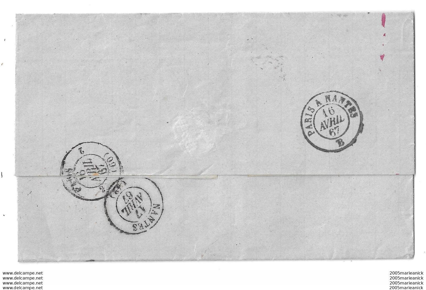 Lettre ST-DENIS REUNION 19 MARS 1867 Pour Nantes Via Suez COL.F.V.SUEZ PAQ.F/AMB.MAR 15 AVRIL 67+ Arrivée Au Verso - Briefe U. Dokumente
