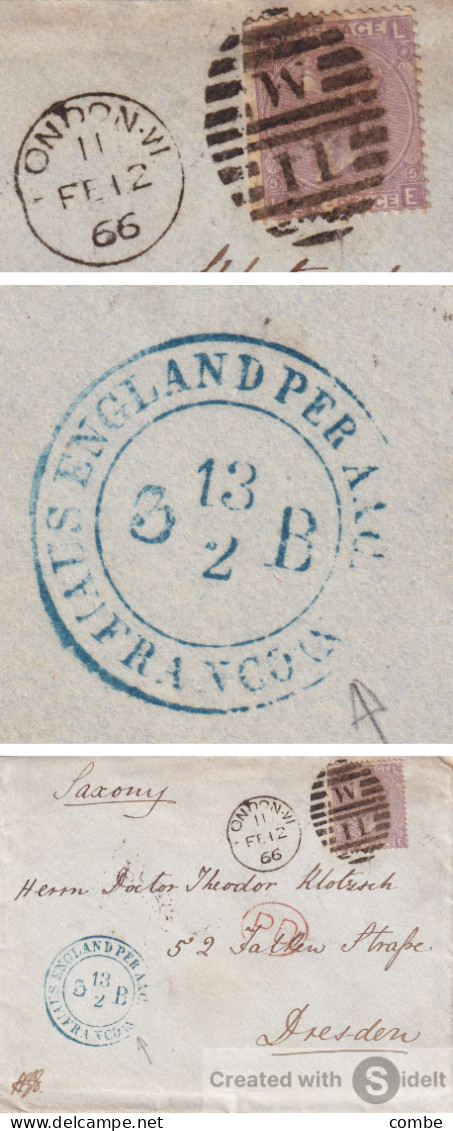 LETTRE. GRANDE BRETAGNE. 1866. LONDON PD POUR DRESDEN. SIX-PENCE. EL. PLANCHE 5. AUS ENGLAND-AACHEN - Briefe U. Dokumente