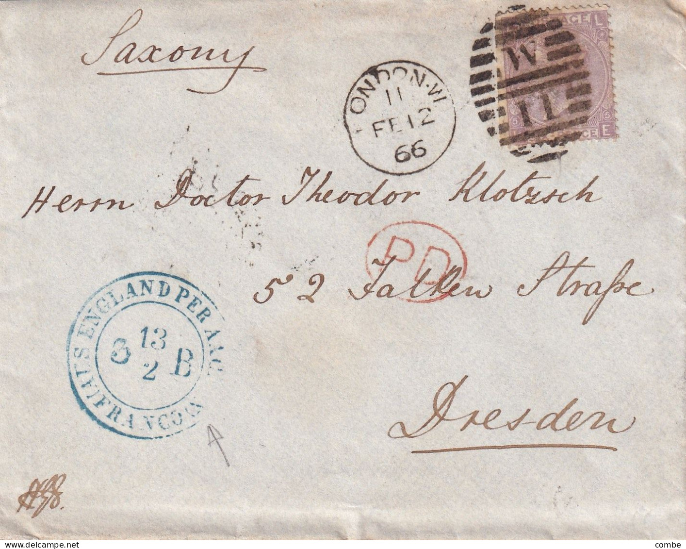 LETTRE. GRANDE BRETAGNE. 1866. LONDON PD POUR DRESDEN. SIX-PENCE. EL. PLANCHE 5. AUS ENGLAND-AACHEN - Storia Postale