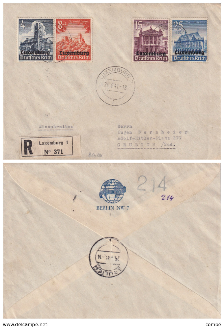 LETTRE. LUXEMBOURG. 24 4 41. RECOMMANDE LUXEMBURG POUR GRULICH - 1940-1944 German Occupation