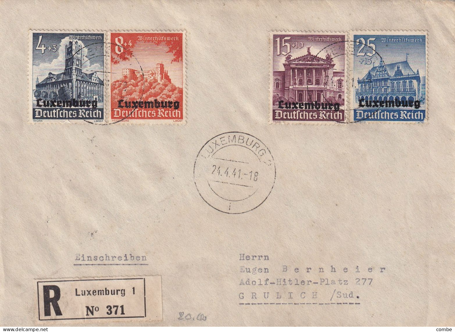 LETTRE. LUXEMBOURG. 24 4 41. RECOMMANDE LUXEMBURG POUR GRULICH - 1940-1944 German Occupation