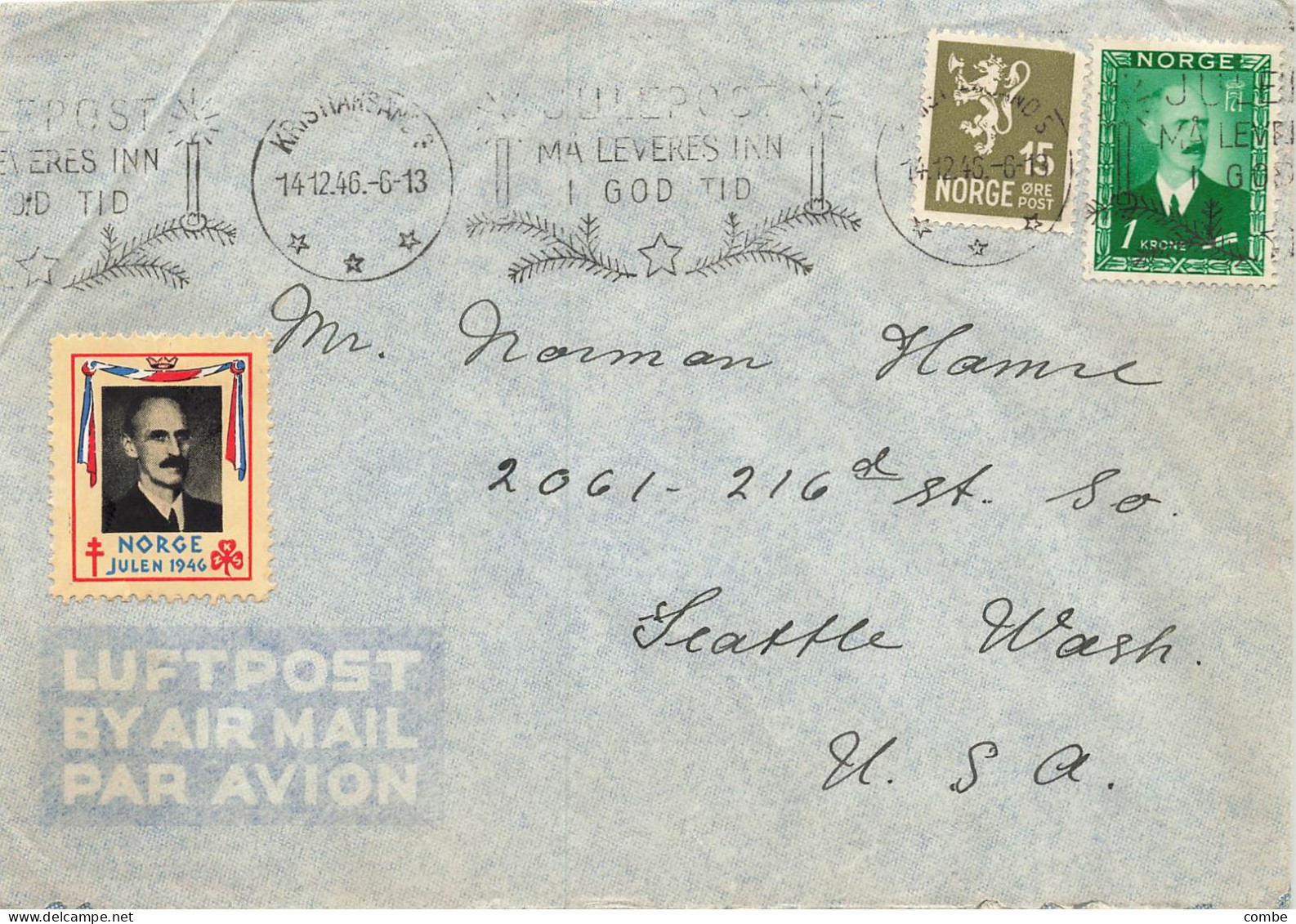 LETTRE. NORVEGE. 14 12 46. KRISTIANSAND PAR AVIO POUR SEATTLE. USA. + VIGNETTE NORGE JULEN 1946 - Cartas & Documentos