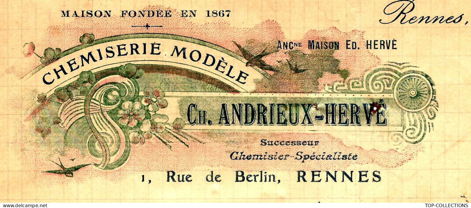 ENTETE ART NOUVEAU 1907 RENNES Ille Et Vilaine Ch. Andrieux Hervé Chemiserie Maison Fondée En 1867 > Alfortville V.SCANS - 1900 – 1949