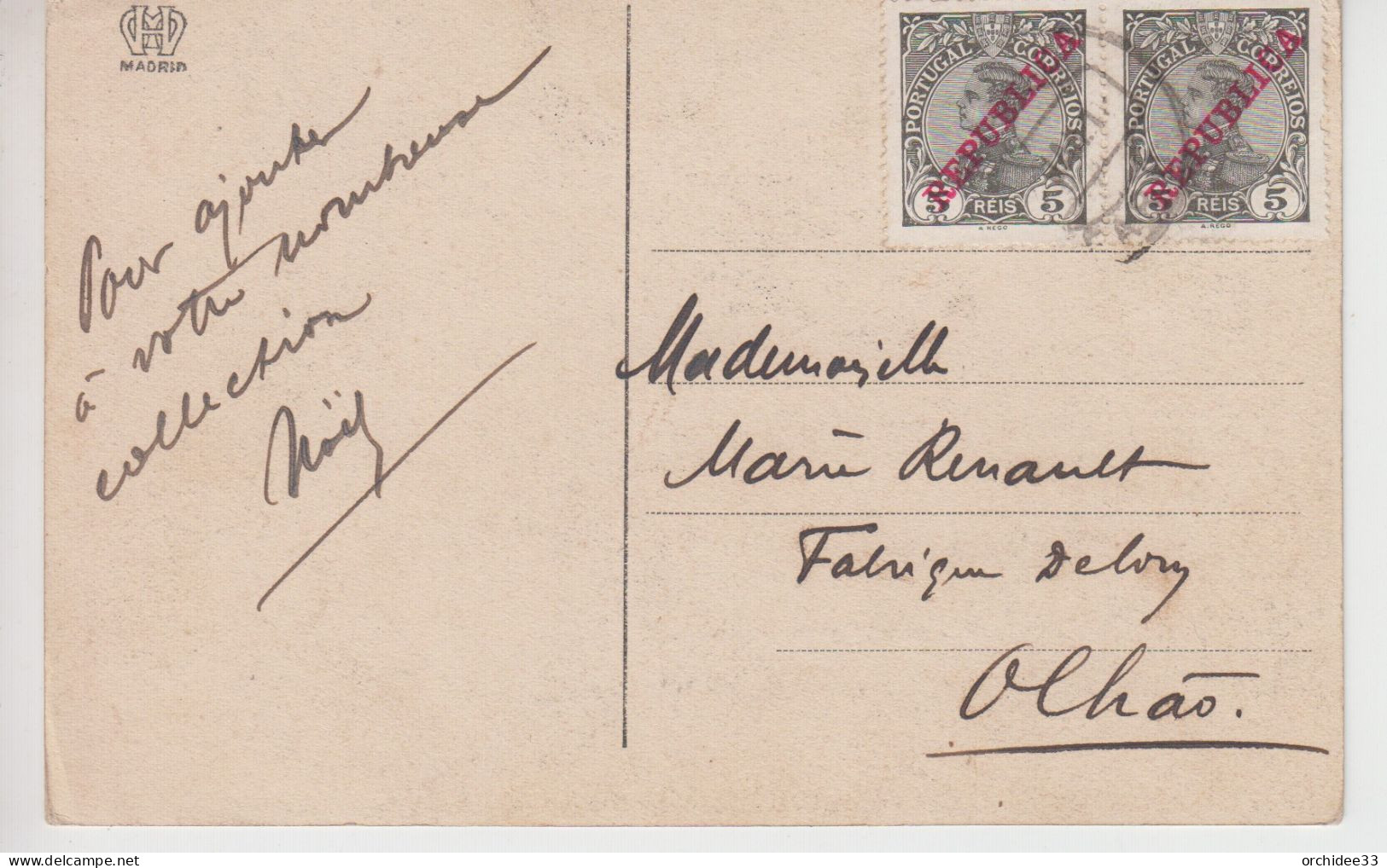 Paire De Timbres Manuel II 1910 5 Reis  Avec Surcharge REPUBLICA En Rouge Sur CPA Salamanca - Charra - Marcophilie