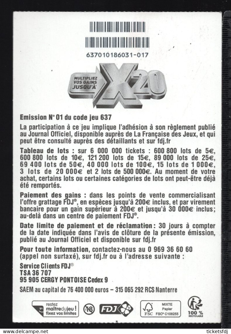 Grattage ILLIKO - X20 63701 - FRANCAISE DES JEUX - Billets De Loterie