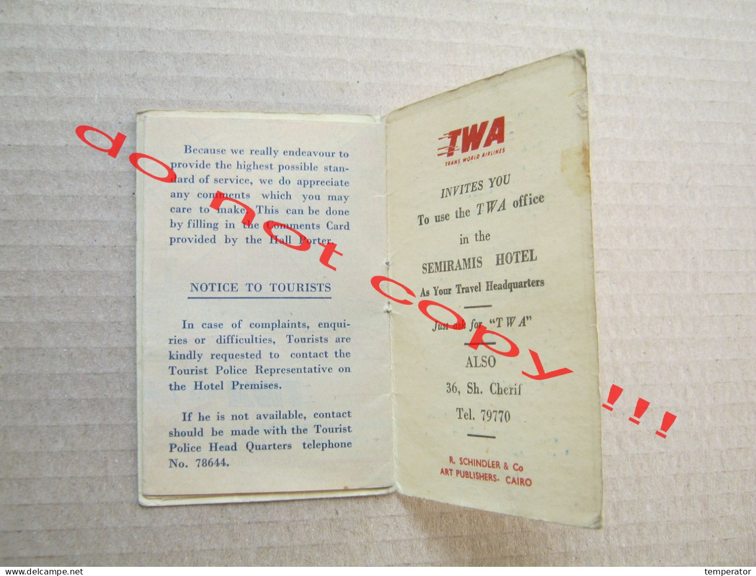 Egypt Cairo Hotel Semiramis City Plan Advertising Airplane TWA Aviation 1950s - Mondo