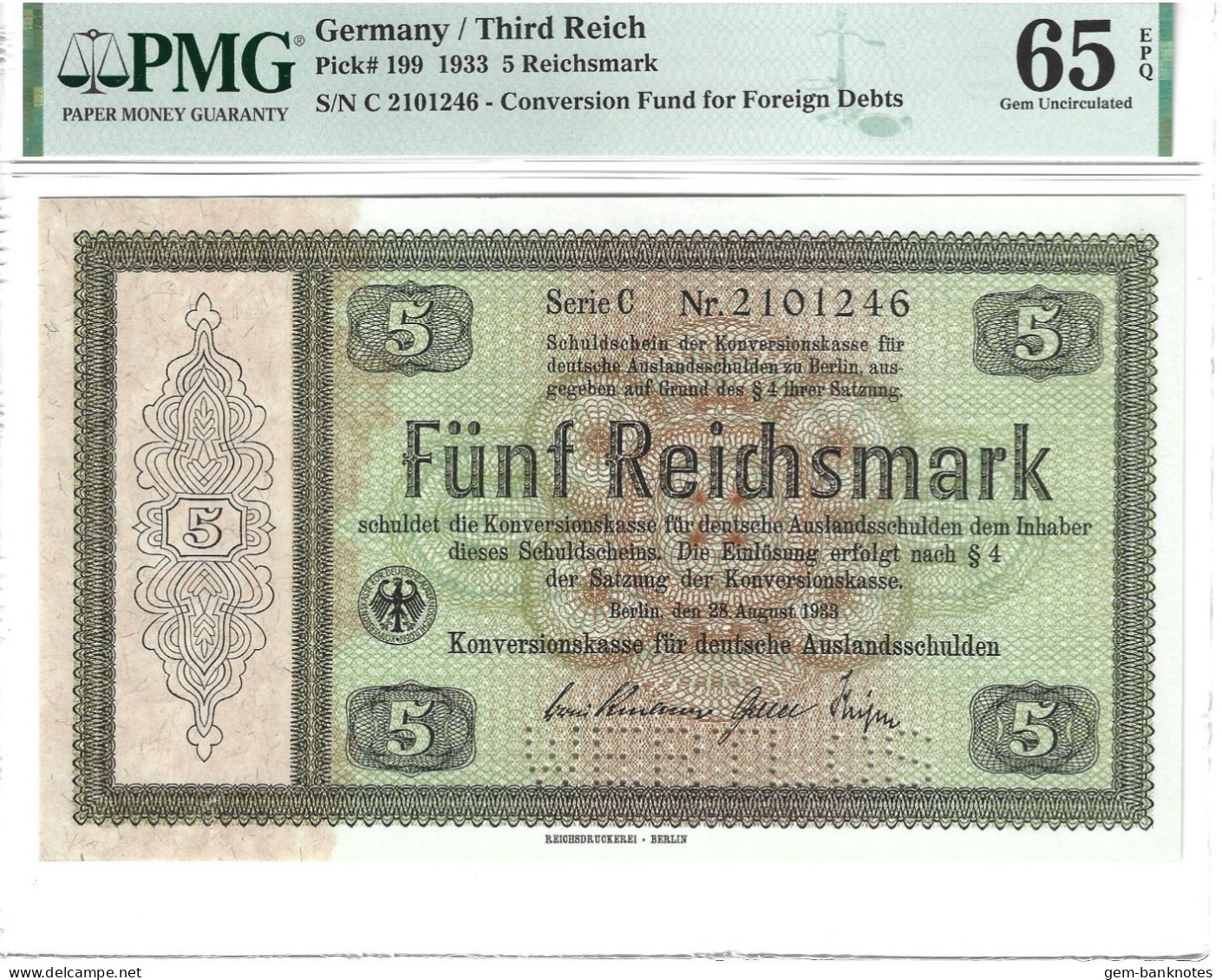 Germany 5 Reichsmark 1933 P199, Perforated, Graded 65 EPQ Gem Uncirculated By PMG - 5 Reichsmark