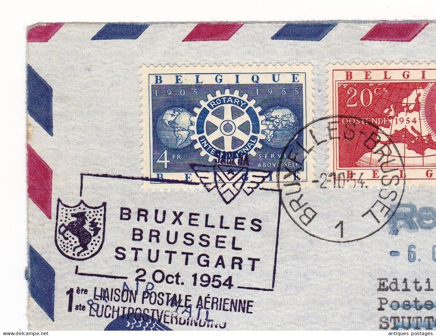 1ere Liaison Postale Bruxelles Stuttgart Flughafen 2 Octobre 1954 Par Avion Belgique Deutschland Aviation Avion Retour - Briefe U. Dokumente