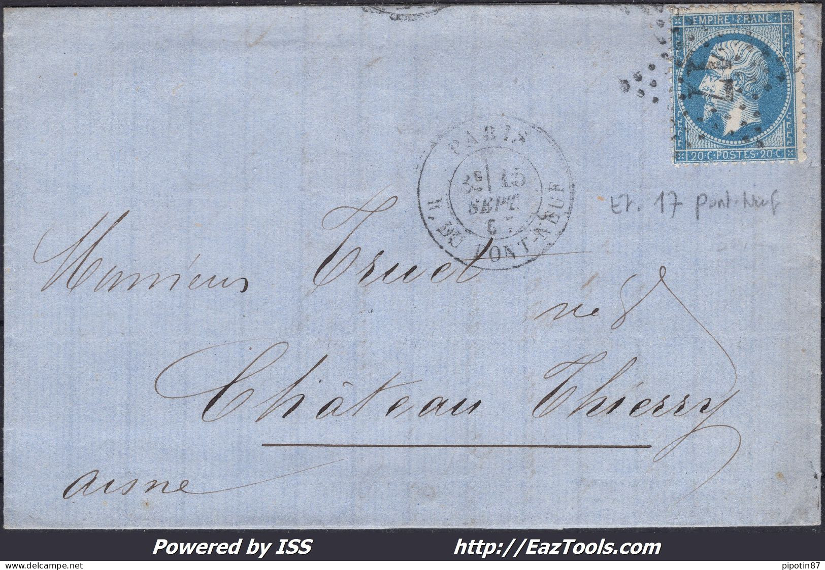 FRANCE N°22 SUR LETTRE AVEC ETOILE DE PARIS 17 + CAD R. DU PONT NEUF DU 15/09/1867 - 1862 Napoléon III.