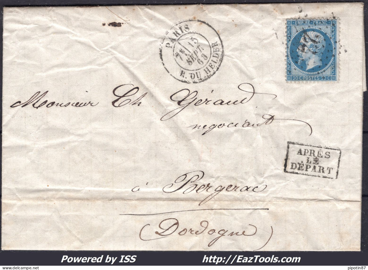 FRANCE N°22 SUR LETTRE ETOILE DE PARIS 22 + CAD R. DU HELDER DU 15/09/1868 - 1862 Napoleone III