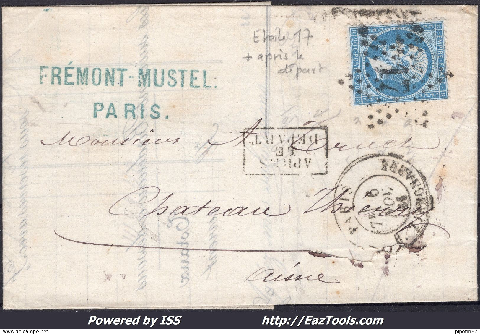 FRANCE N°22 SUR LETTRE AVEC ETOILE DE PARIS 17 + CAD R. TIRECHAPPE DU 06/11/1866 - 1862 Napoléon III.