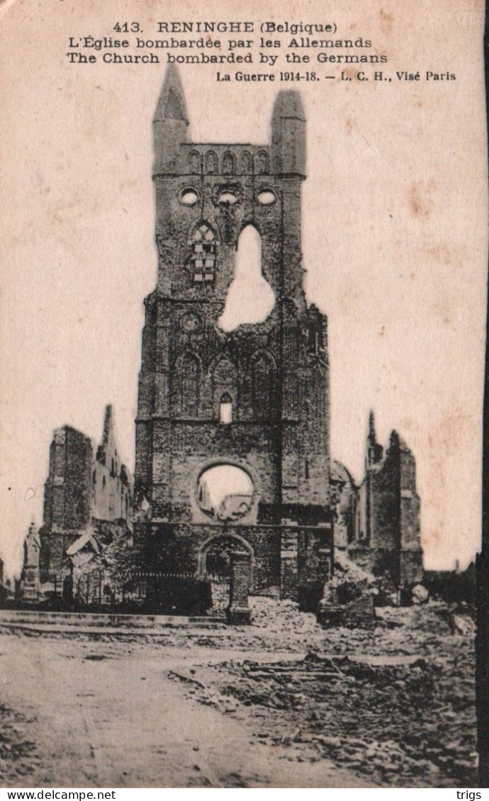 Reninghe (1914-1918) - L'Église Bombardée Par Les Allemands - Lo-Reninge