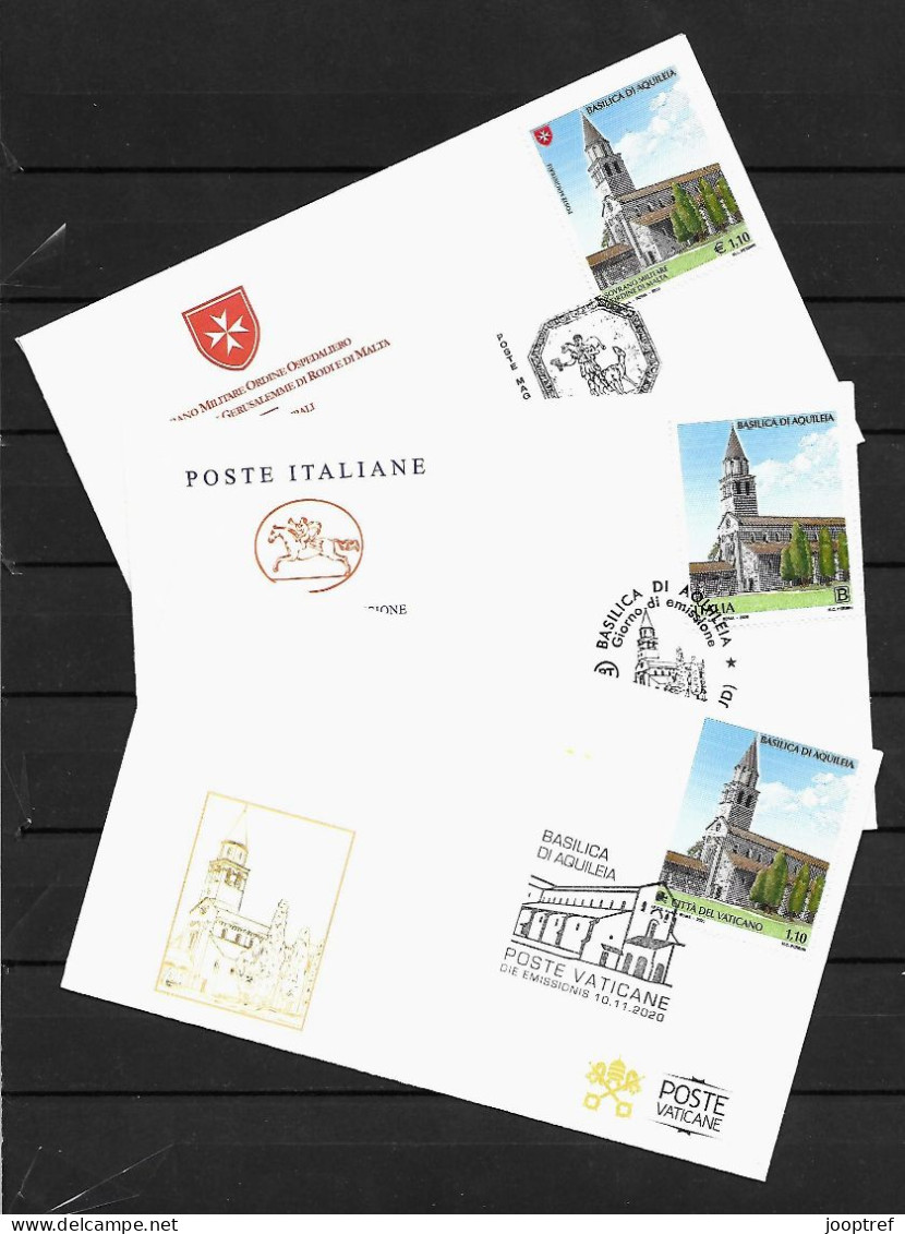 2020 Joint/Congiunta Italy - SMOM - Vatican, ALL 3 FDC'S: Basilica Of Aquileia - Gezamelijke Uitgaven