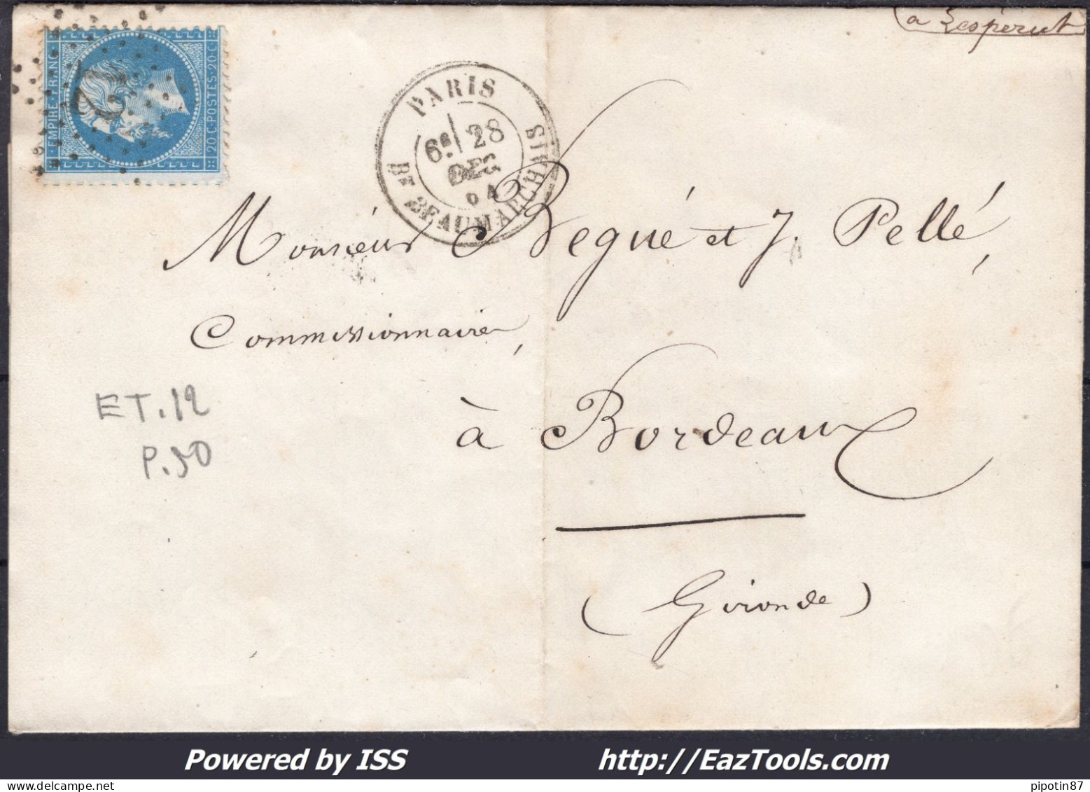 FRANCE N°22 SUR LETTRE AVEC ETOILE DE PARIS 12 + BT BEAUMARCHAIS DU 28/12/1864 - 1862 Napoléon III