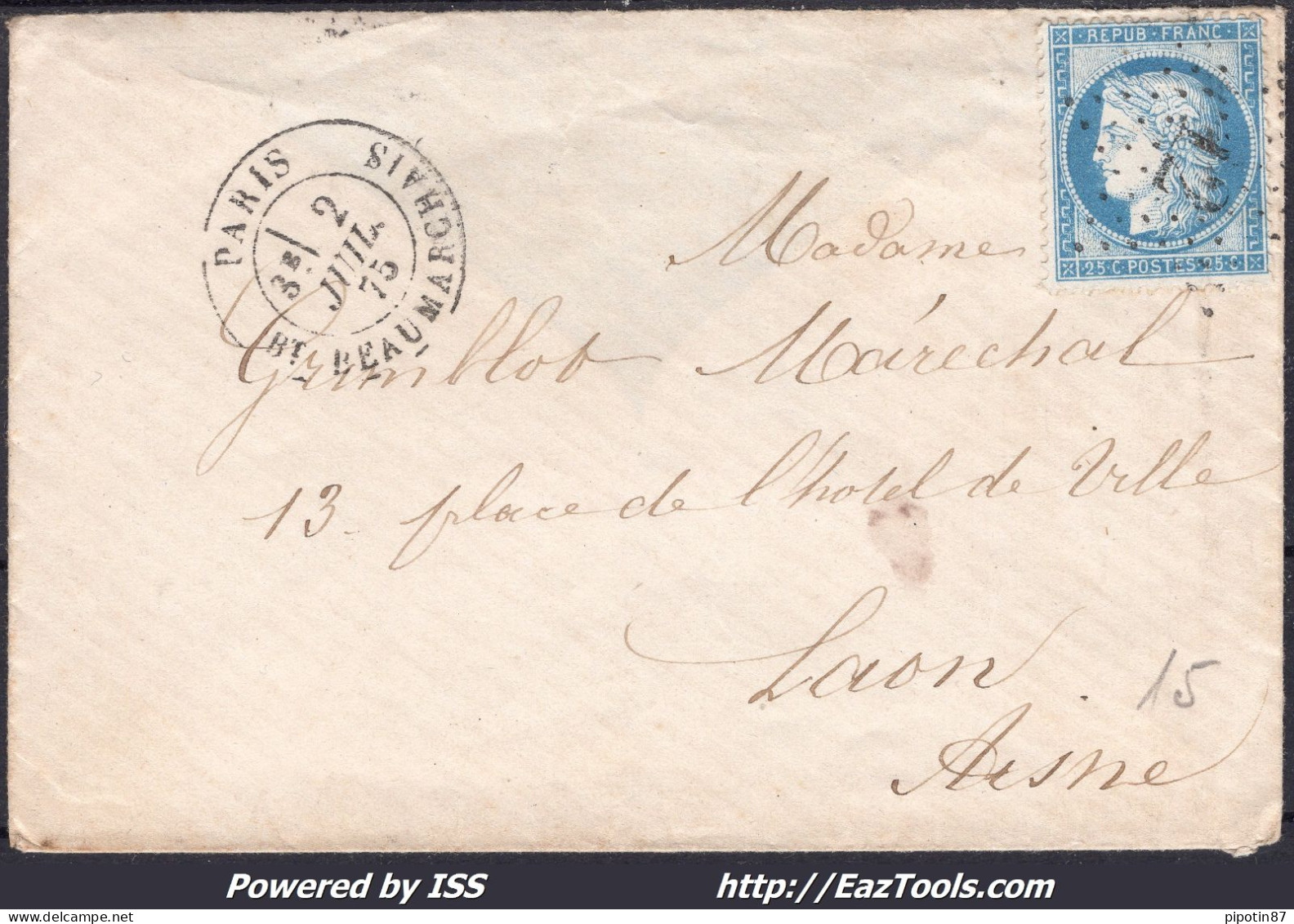 FRANCE N°60C SUR LETTRE AVEC ETOILE DE PARIS 12 + BT BEAUMARCHAIS DU 02/07/1875 - 1871-1875 Ceres