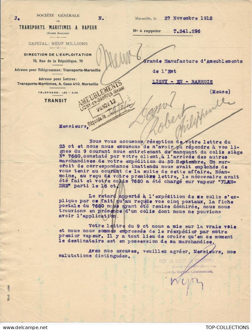 1912 NAVIGATION Sté Générale Transports Maritimes à Vapeur Marseille >  Ligny En Barrois Meuse VAPEUR Flandre V.HIST. - 1900 – 1949