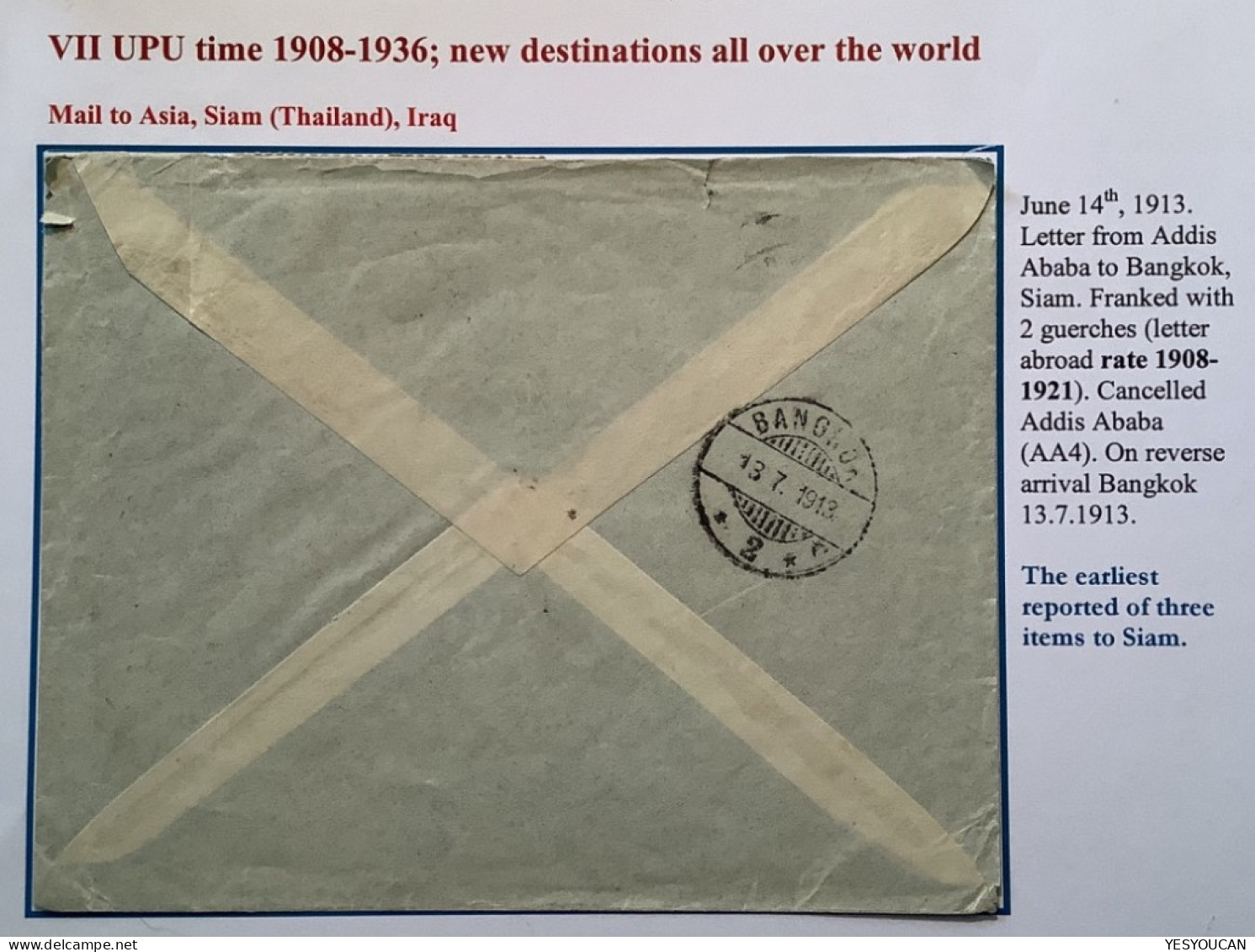 Ethiopia: Addis-Abbeba 1913 Cover>BANGKOK, THAILAND (Siam). Very Rare Destination & Incoming Mail (lettre - Ethiopie