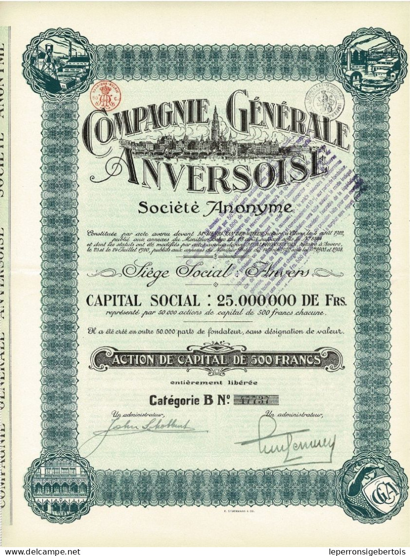 - Titre De 1920- Compagnie Générale Anversoise - Déco - EF - Navigation