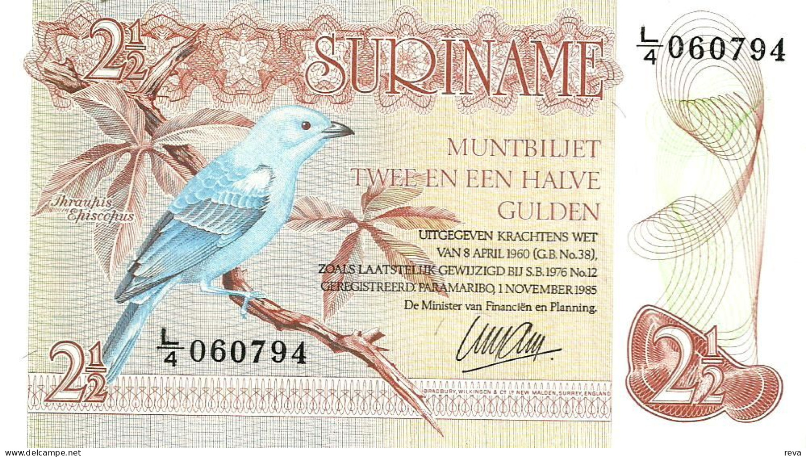 SURINAM 2.50 GULDEN ORANGE BIRD FRONT LANDSCAPE BACK DATED 01-11-1985) P119a UNC READ DESCRIPTION !! - Surinam