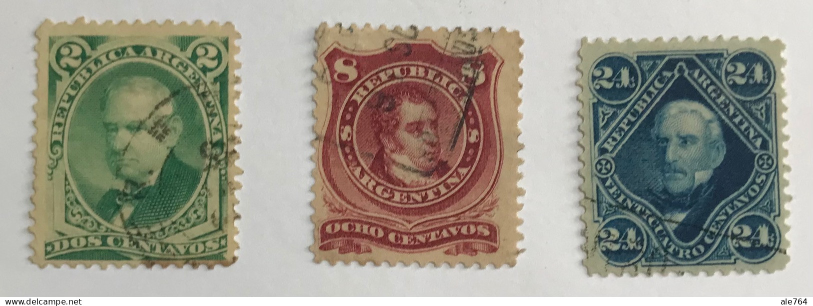 Argentina 1877/80, Vicente Lopez 2 Cents., Rivadavia 8 Cents, San Martin 24 Cents. GJ 53/5, Y 37/9, Used. - Usati