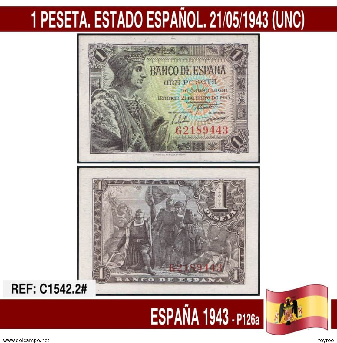 C1542.2# España 1943. 1 Pts. Estado Español (EBC+) P126a - 1-2 Pesetas