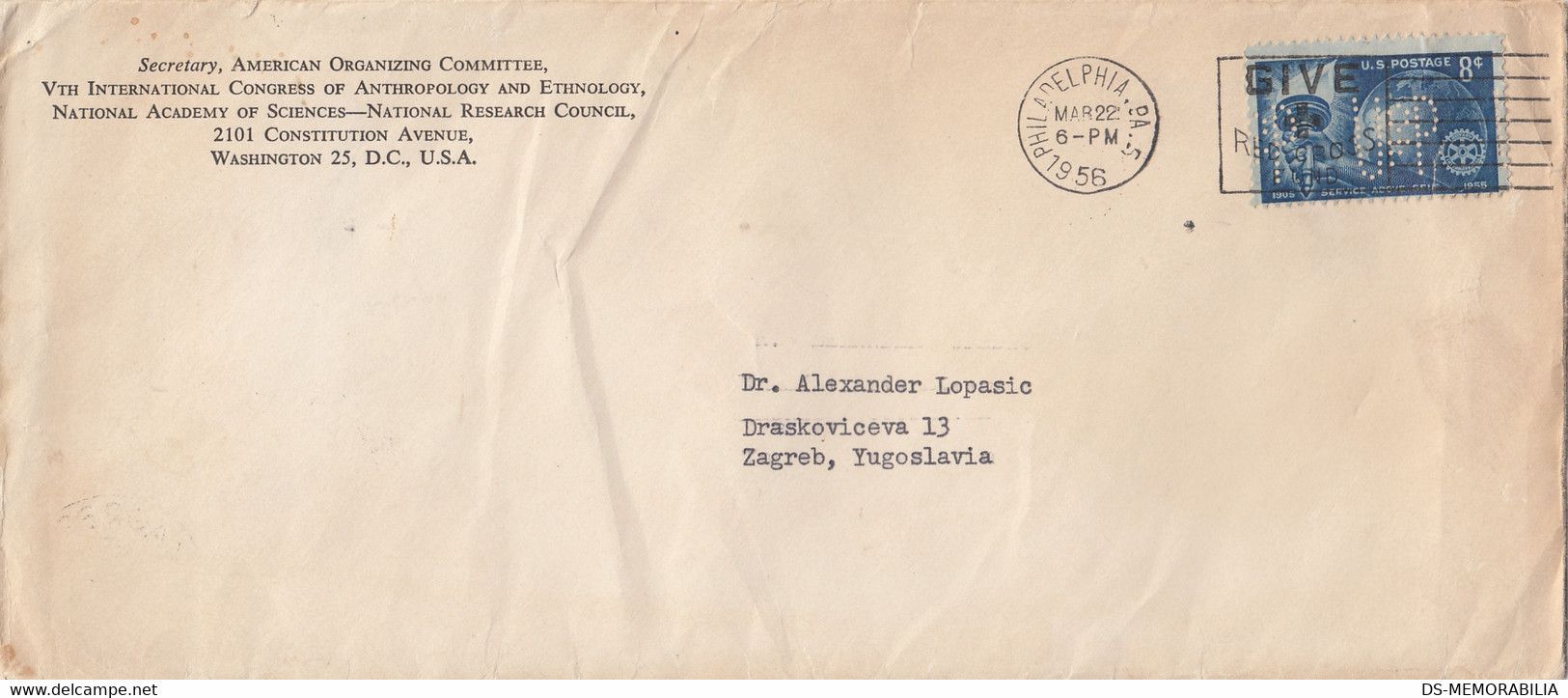 United States Perfin U&P On Letter Sent To Yugoslavia , Philadelphia PA 1956 - Zähnungen (Perfins)