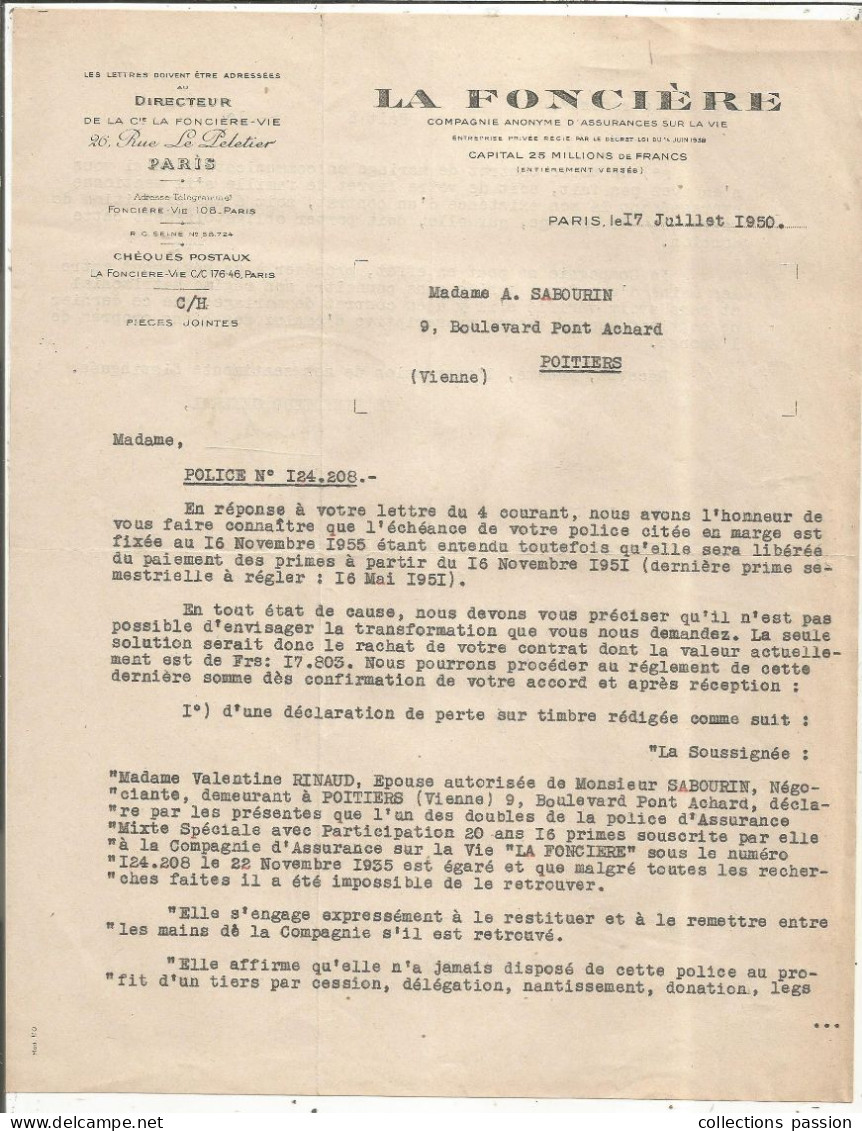 Lettre Commerciale Sur En Tête LA FONCIERE, Assurances, Paris, 1950, 2 Scans, Frais Fr 1.75 E - 1950 - ...