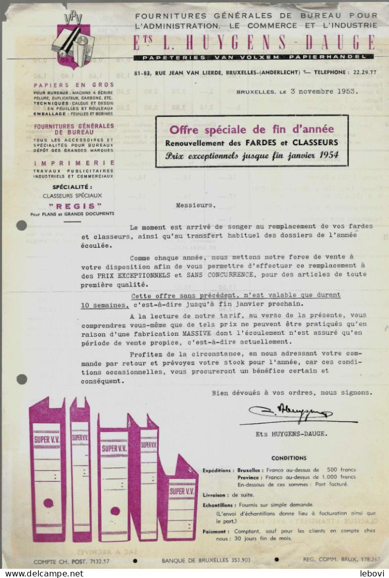 ANDERLECHT – Ets.  L.  HUYGENS – DAUGE – Papeteries - Document Commercial Illustré (03.11.1953) - Imprenta & Papelería