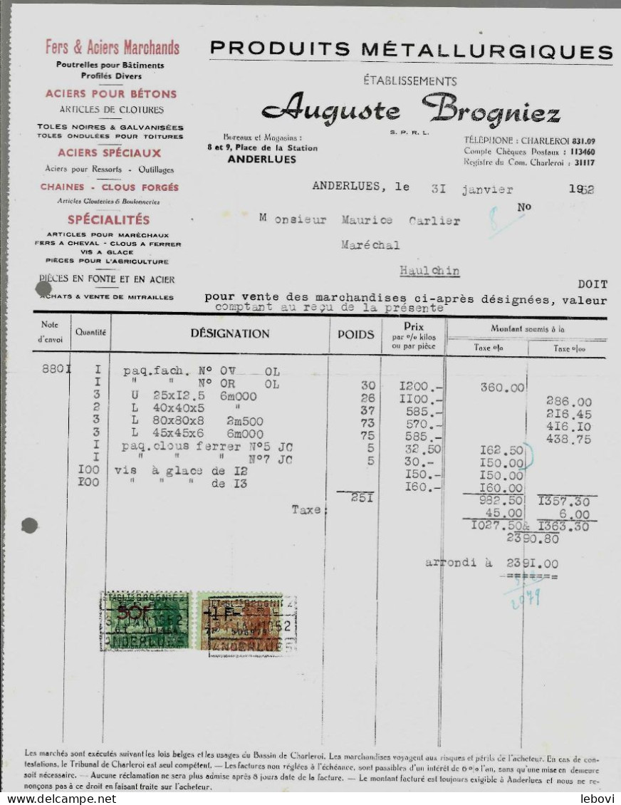 ANDERLUES – Ets.  A. BROGNIEZ – Produits Métallurgiques – Facture (31.01.1952) - 1950 - ...