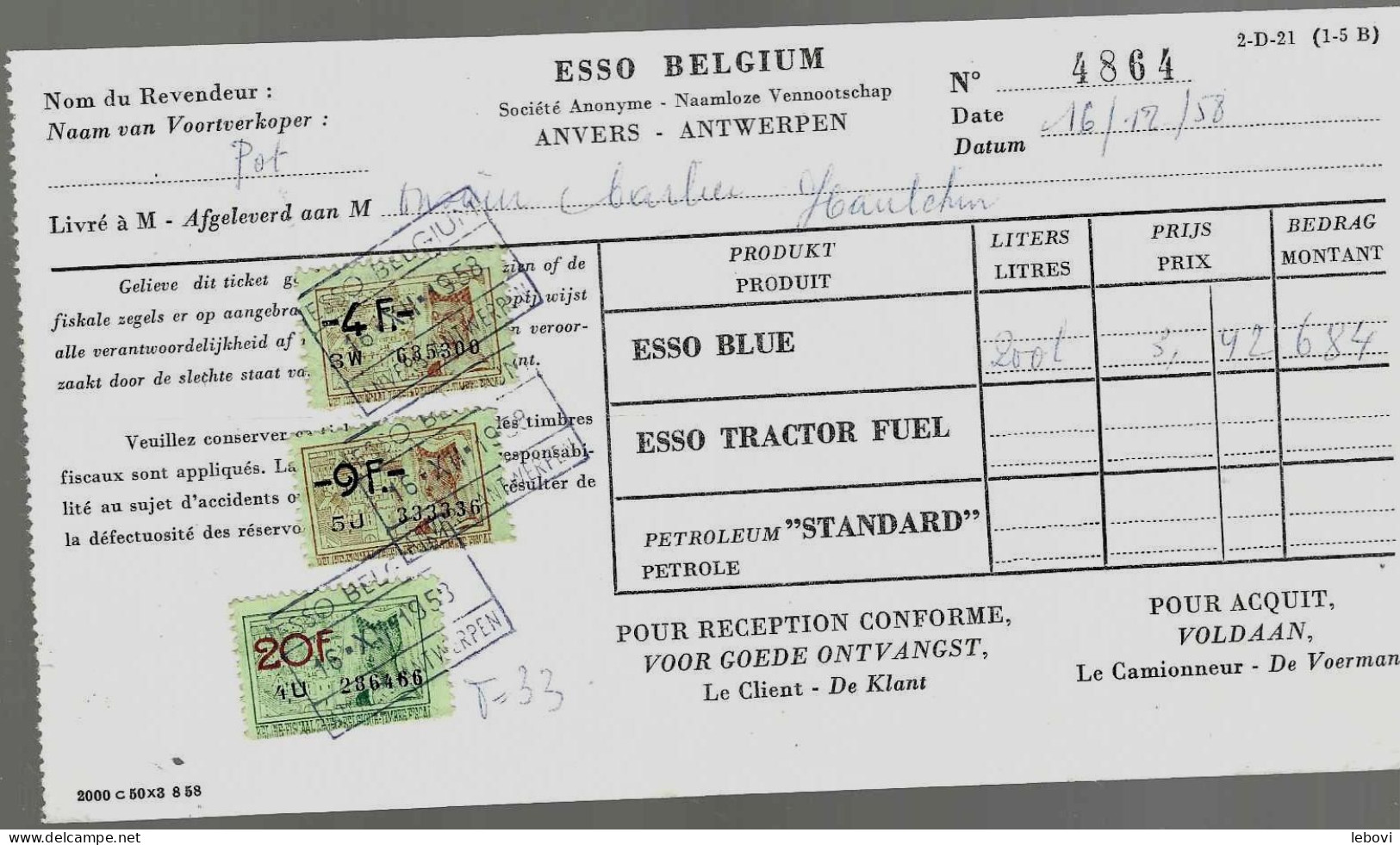 ANVERS – ESSO Belgium S. A. – Facture (16.12.1958) - 1950 - ...