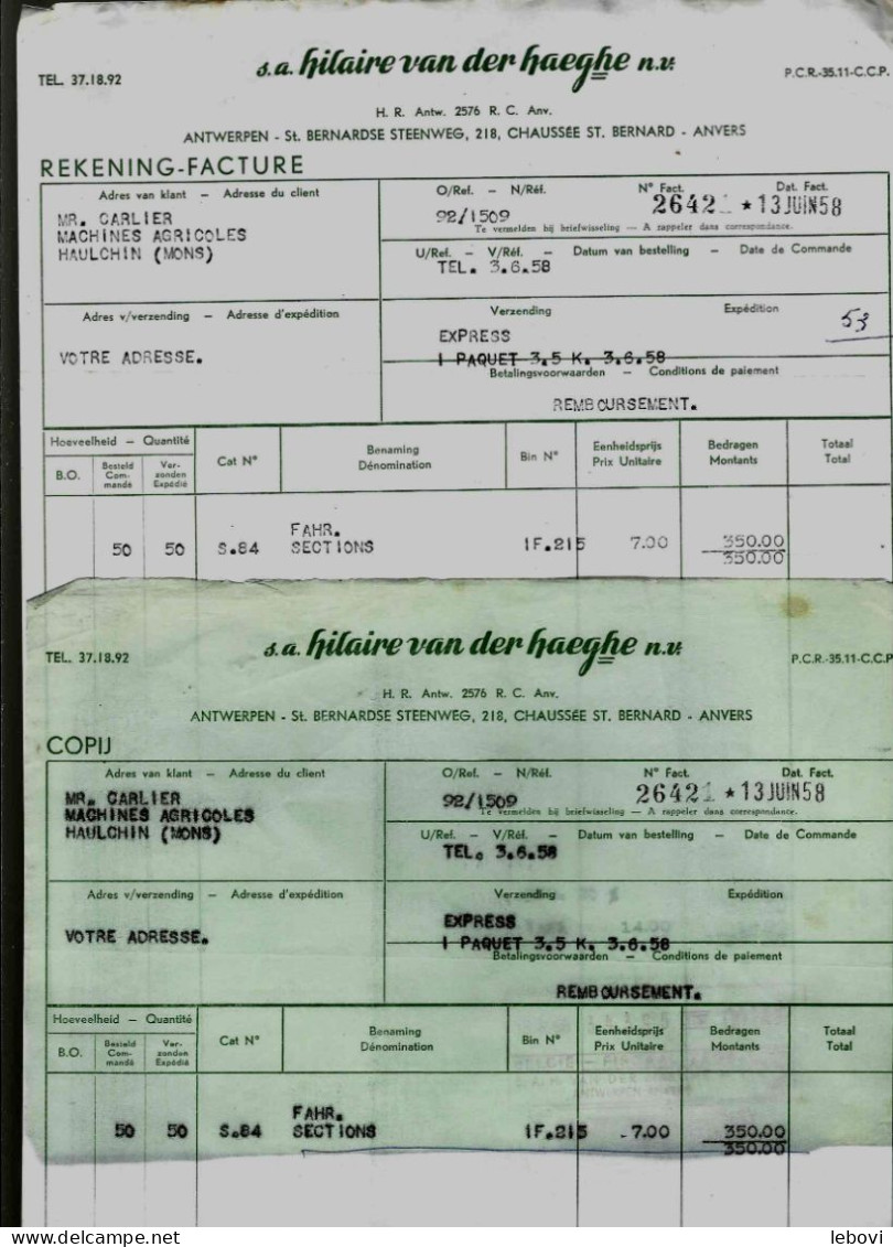 ANVERS – Ets H. VAN DER HAEGHE S. A. – Lot De 2 Documents Dont Facture (13.06.1958) - 1950 - ...