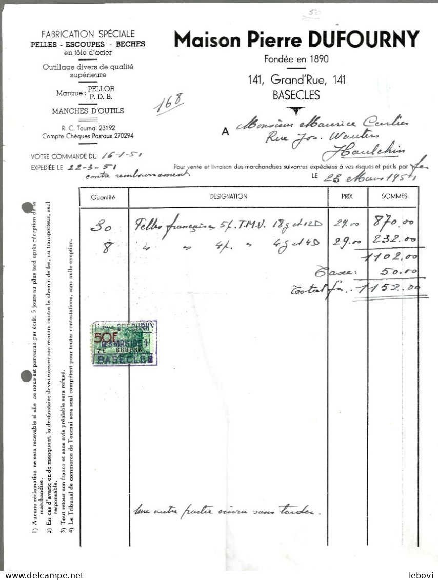 BASECLES – Ets P. DEFOURNY – Outillage  – Facture (23.03.1951) - 1950 - ...