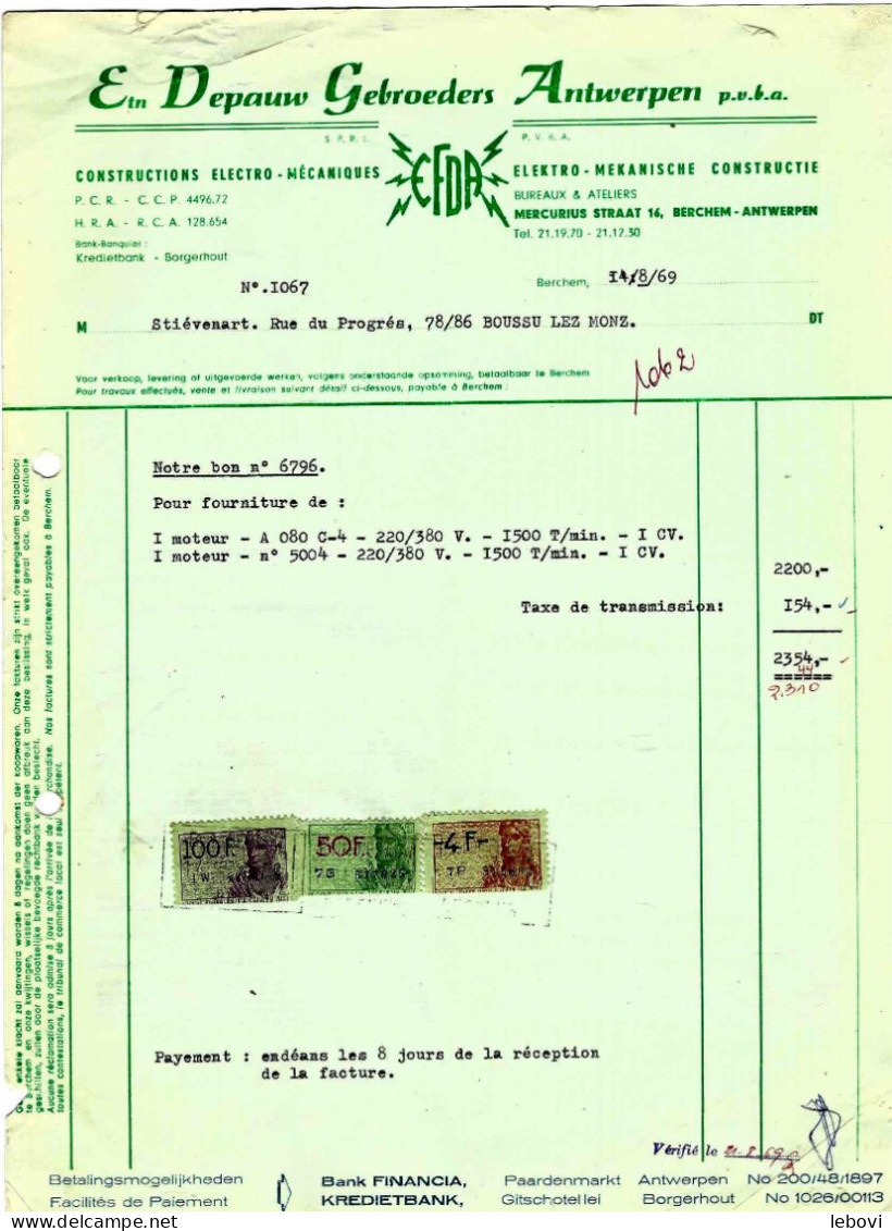 BERCHEM Ets DEPAUW BROEDERS – Constructions électro-mécaniques - Facture (14.08.1969) - 1950 - ...