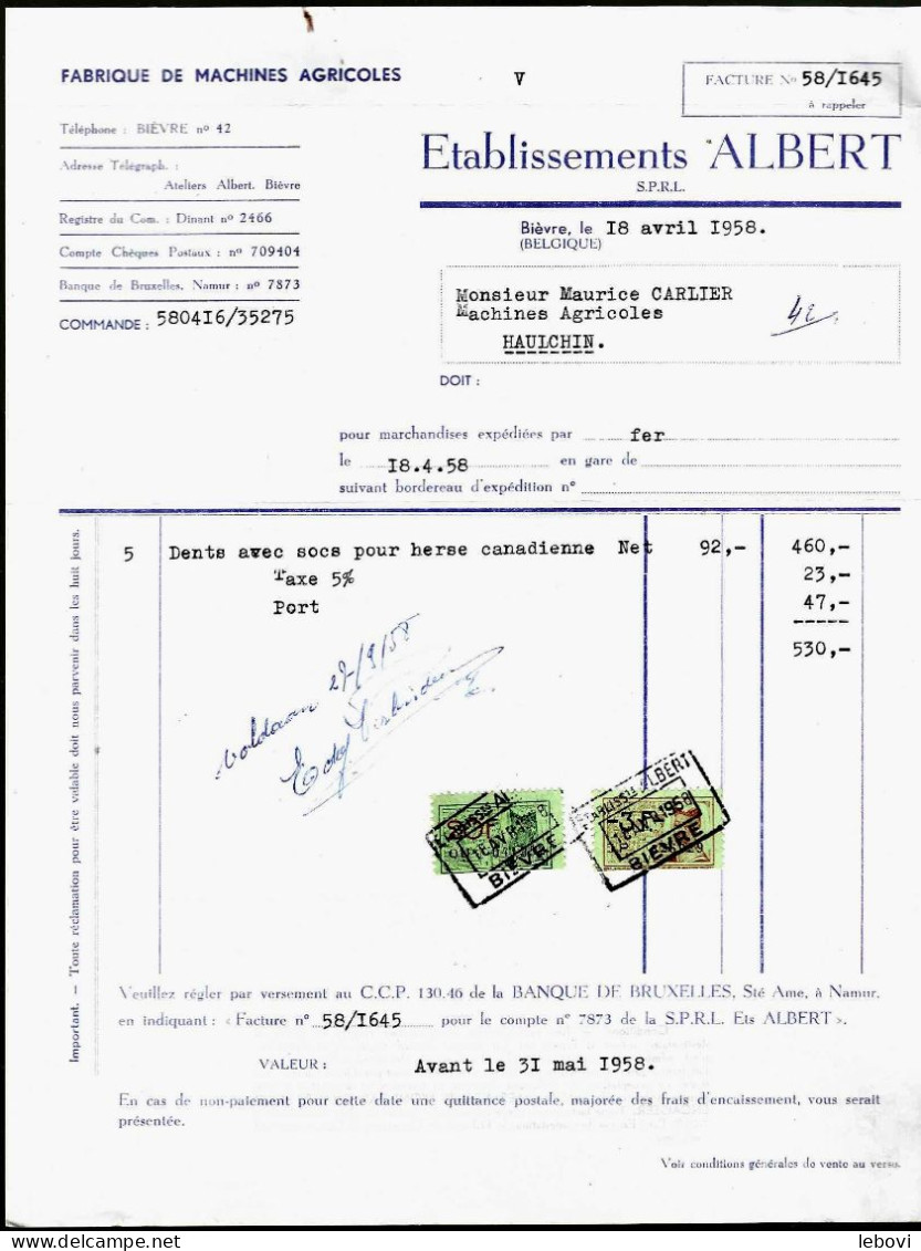 BIEVRE – Ets ALBERT – Fabrique Machines Agricoles - Facture (18.04.1958) - Landbouw