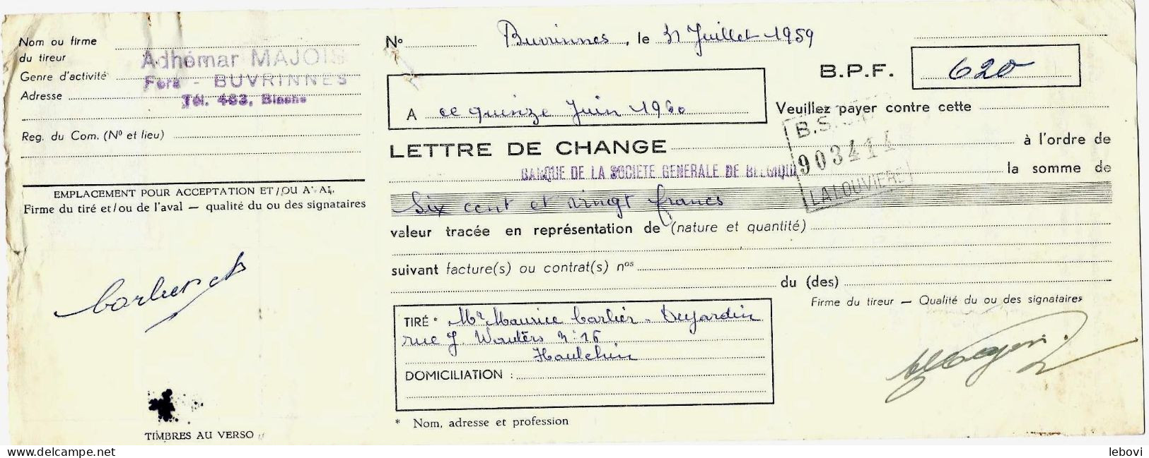 BUVRINNES – Ets A. MAJOIS – Lettre De Change (31.07.1959) - 1950 - ...