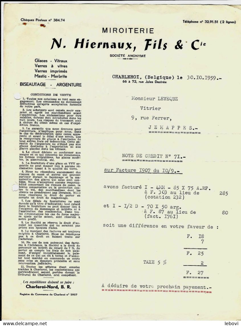 CHARLEROI – Ets. N. HIERNAUX, Fils & Cie  – Miroiterie – Note De Crédit (30.10.1959) - 1950 - ...