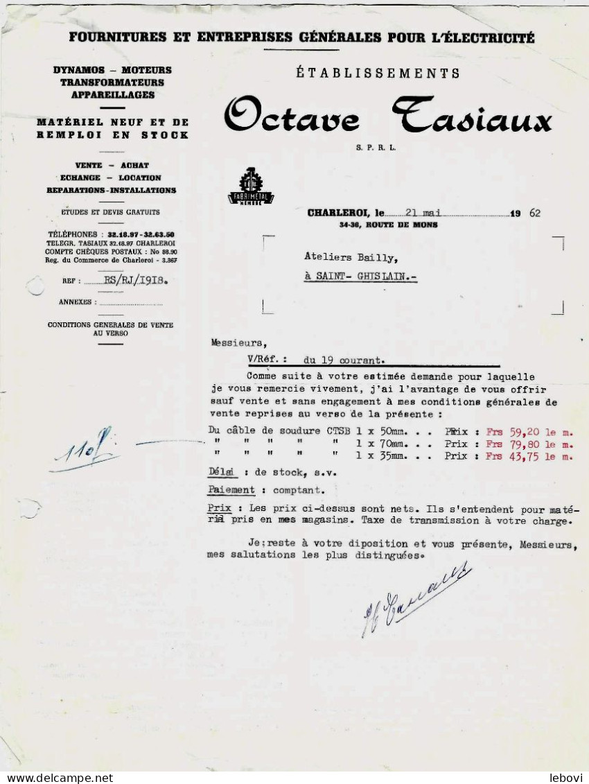 CHARLEROI – Ets. AO. TASIAUX– Entreprises Générales Pour L’’électricité – Remise De Prix (21.05.1962) - Elektrizität & Gas