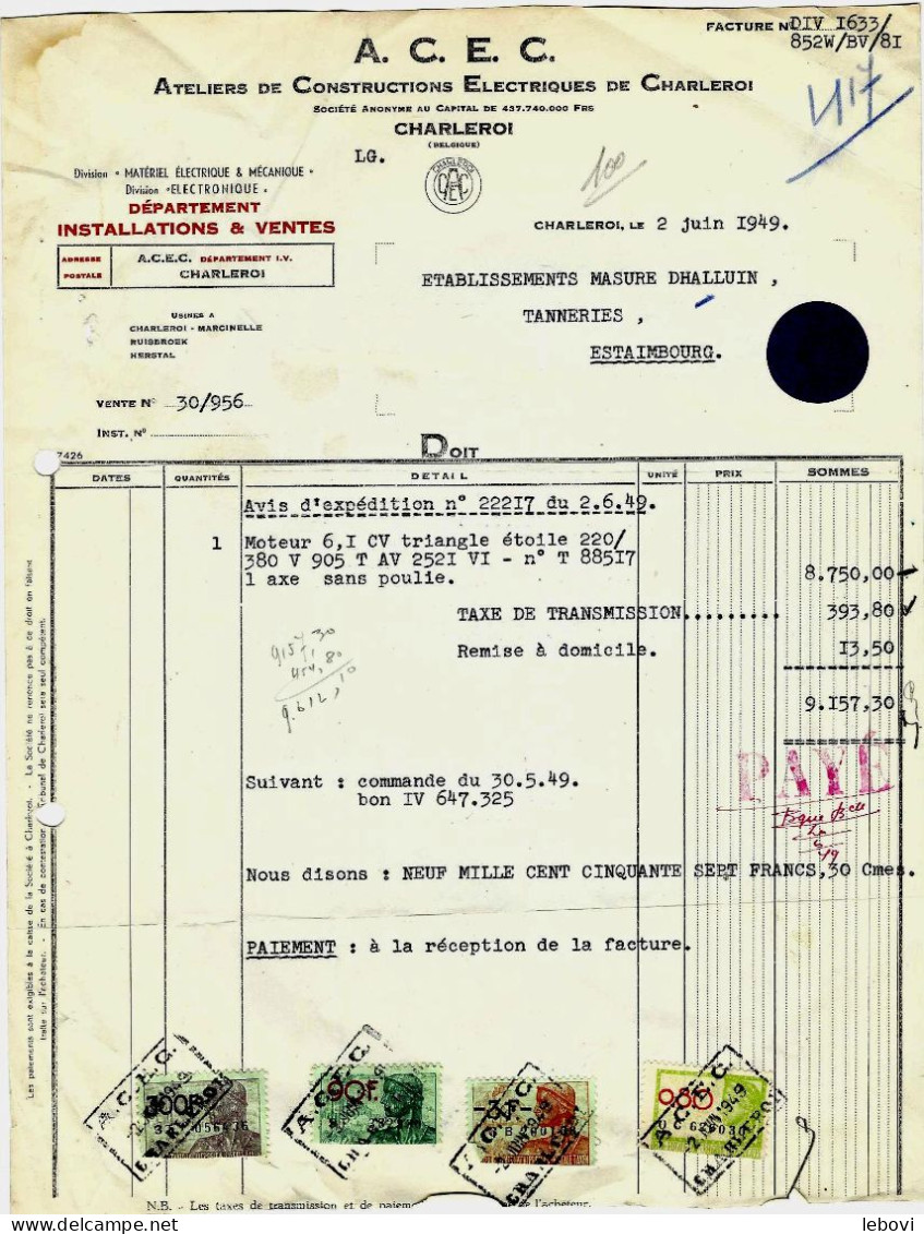 CHARLEROI – A.C.E.C _ Ateliers De Constructions électriques– Facture (02.06.1949) - Electricity & Gas