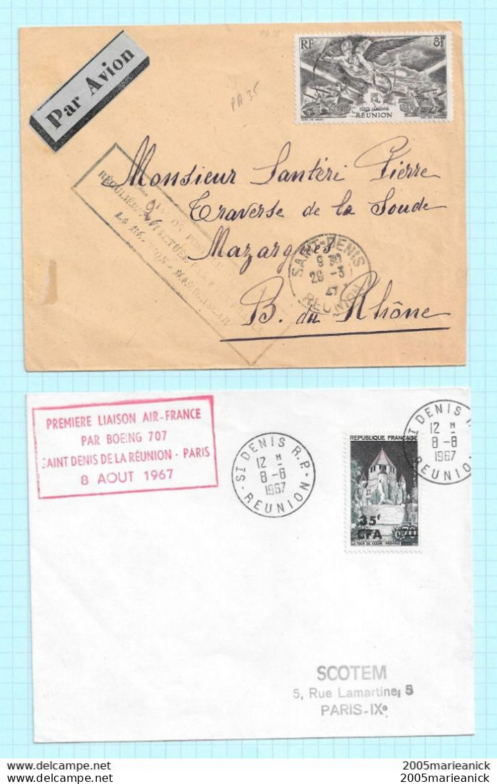 REUNION Deux Lettres 100ème LIAISON REUNION-MADAGASCAR Et 1ère LIAISON Par BOEING 707 Originaire De SAINT DENIS - Storia Postale