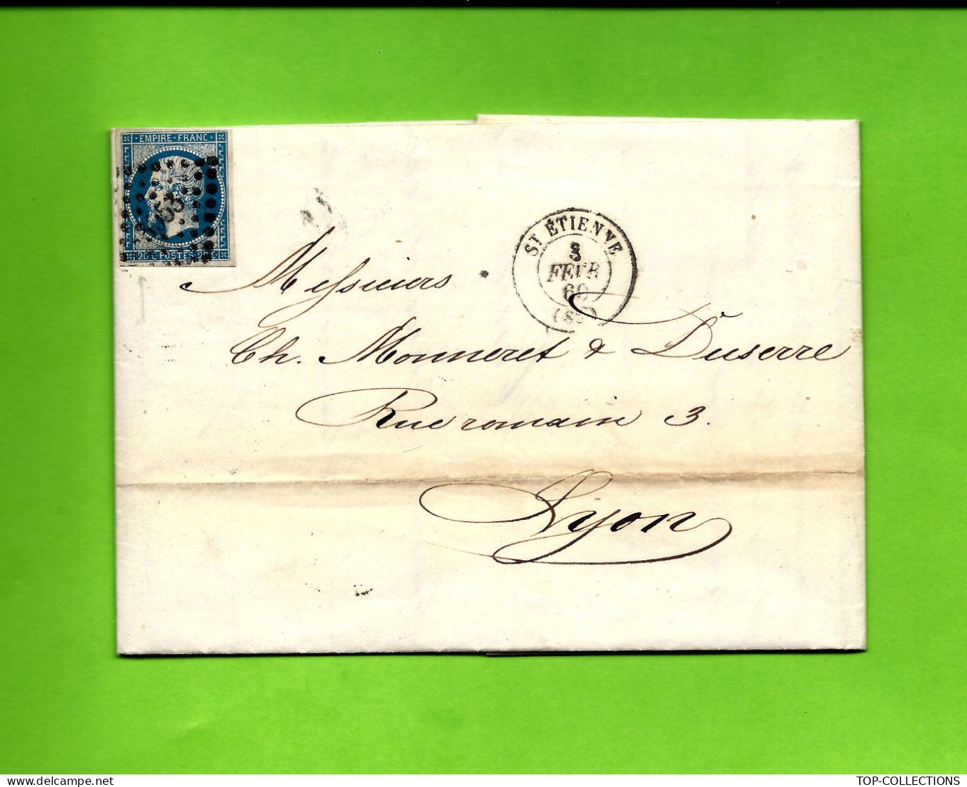 1860  TIMBRE EMPIRE Oblit. ENTETE HUBER BRYNER Zurick  & St Etienne Pour Ch. Monneret & Duserre Lyon V.HISTORIQUE - 1849-1876: Klassieke Periode