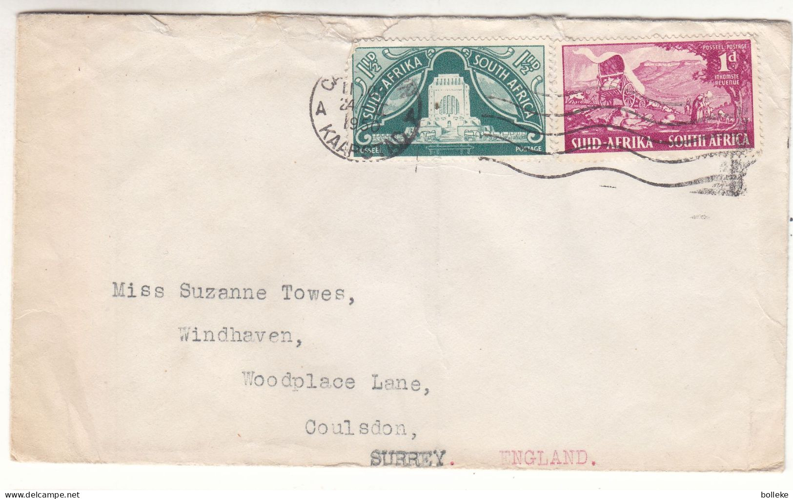 Afrique Du Sud - Lettre De 1950 - Oblit Kaapstad - Exp Vers Surrey - Diligence - - Nueva República (1886-1887)