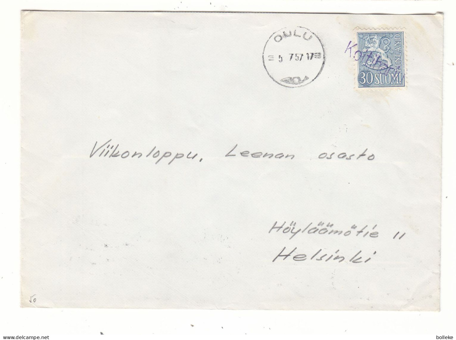 Finlande - Lettre De 1957 - Oblit Griffe Koitihararin  ? - Cachet De Oulu , Sockenbacka Et Helsinki - - Briefe U. Dokumente