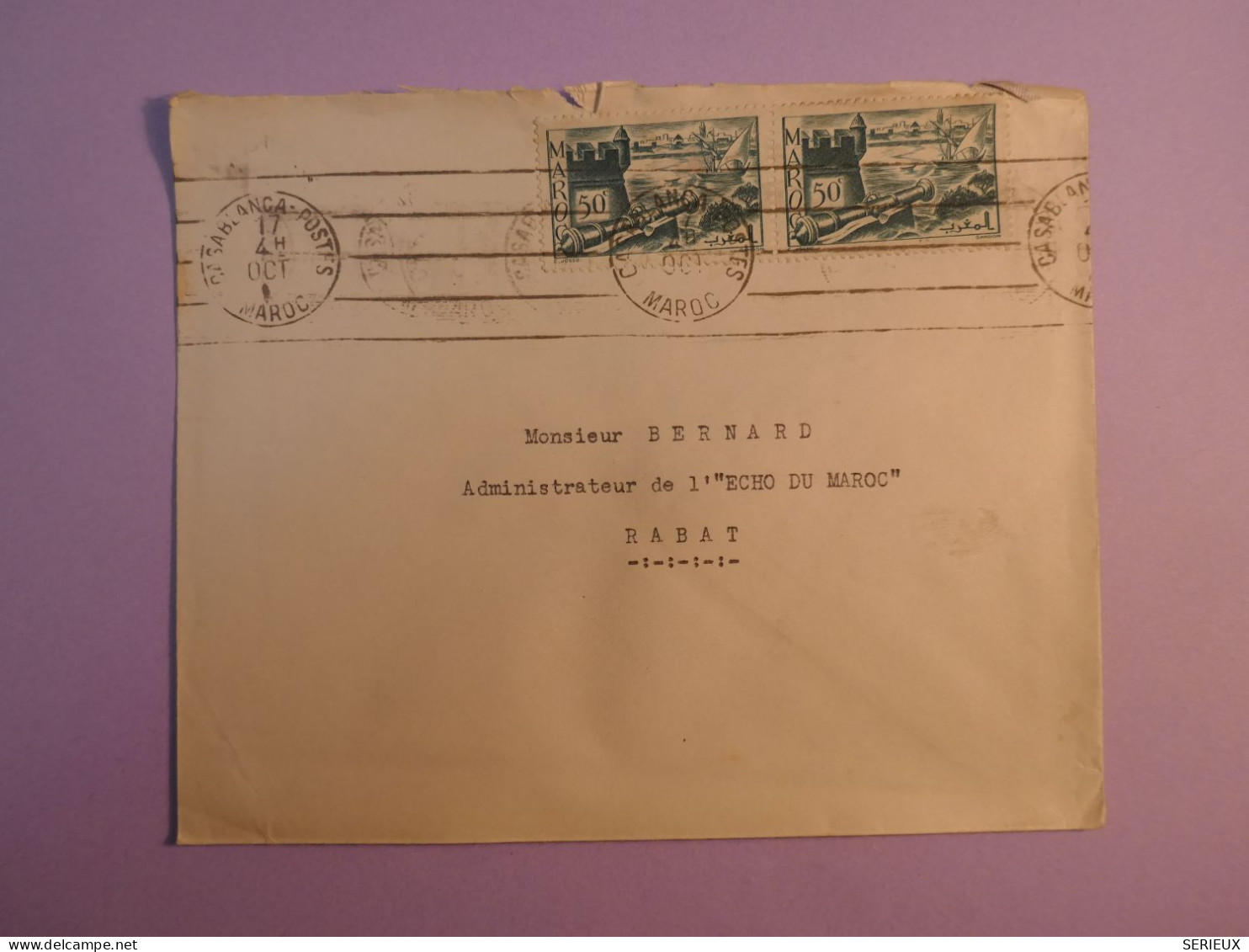 DE6 MAROC   BELLE LETTRE   1942 CASABLANCA A RABAT+PAIRE DE TP  +AFFR. INTERESSANT+++ - Storia Postale
