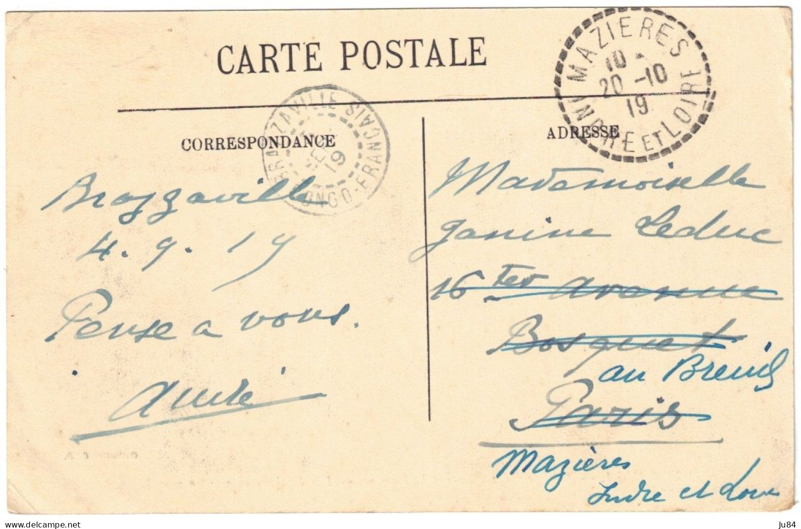 Congo Français - Haute-Sanga - Transport Des Nasses à La Pirogue - 10c Moyen Congo RF - Carte Pour La France - 1919 - Cartas & Documentos