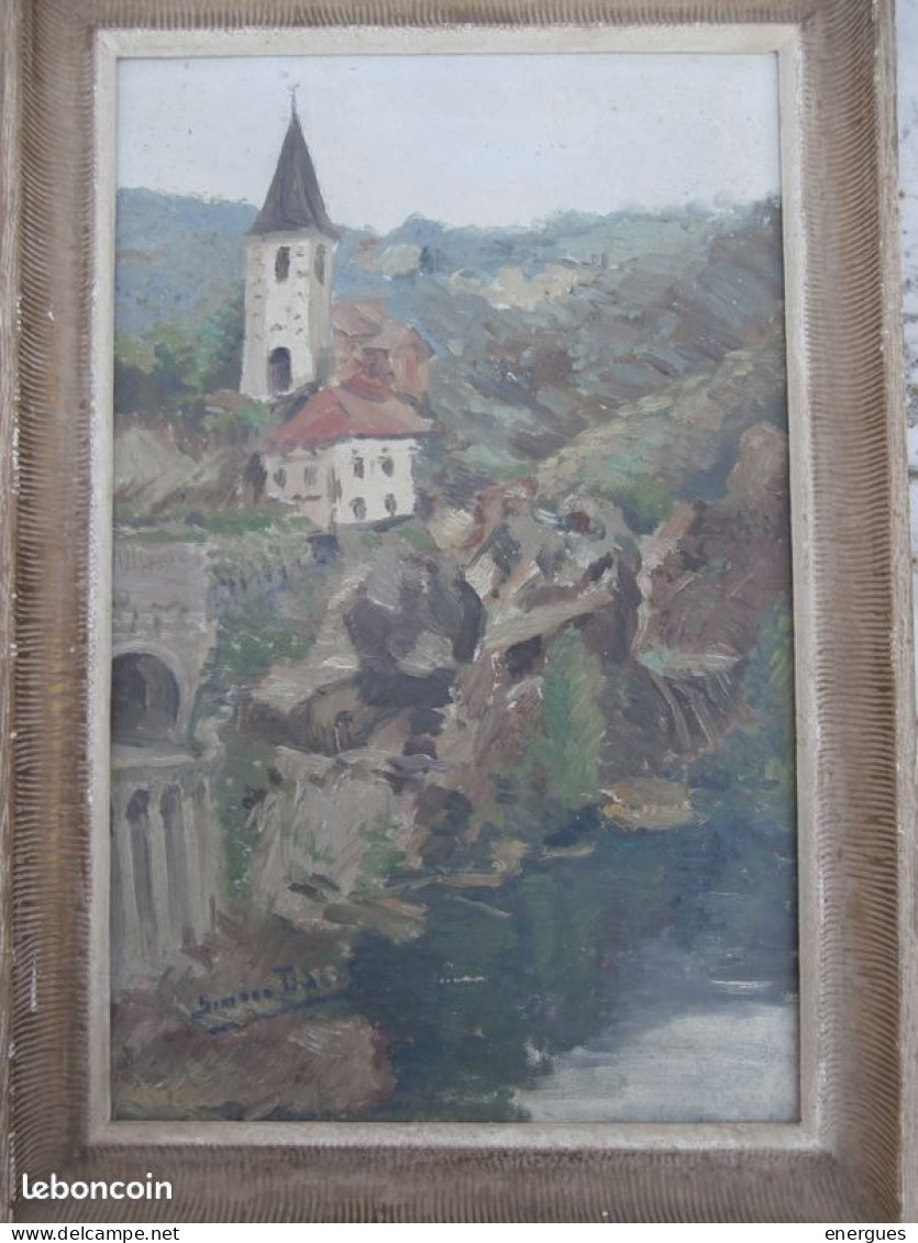 Tableau, Ambialet,Tarn, église, Presbytère, Entrée Tunnel, Rivière Du Tarn,dim. 32 X 42 - Huiles